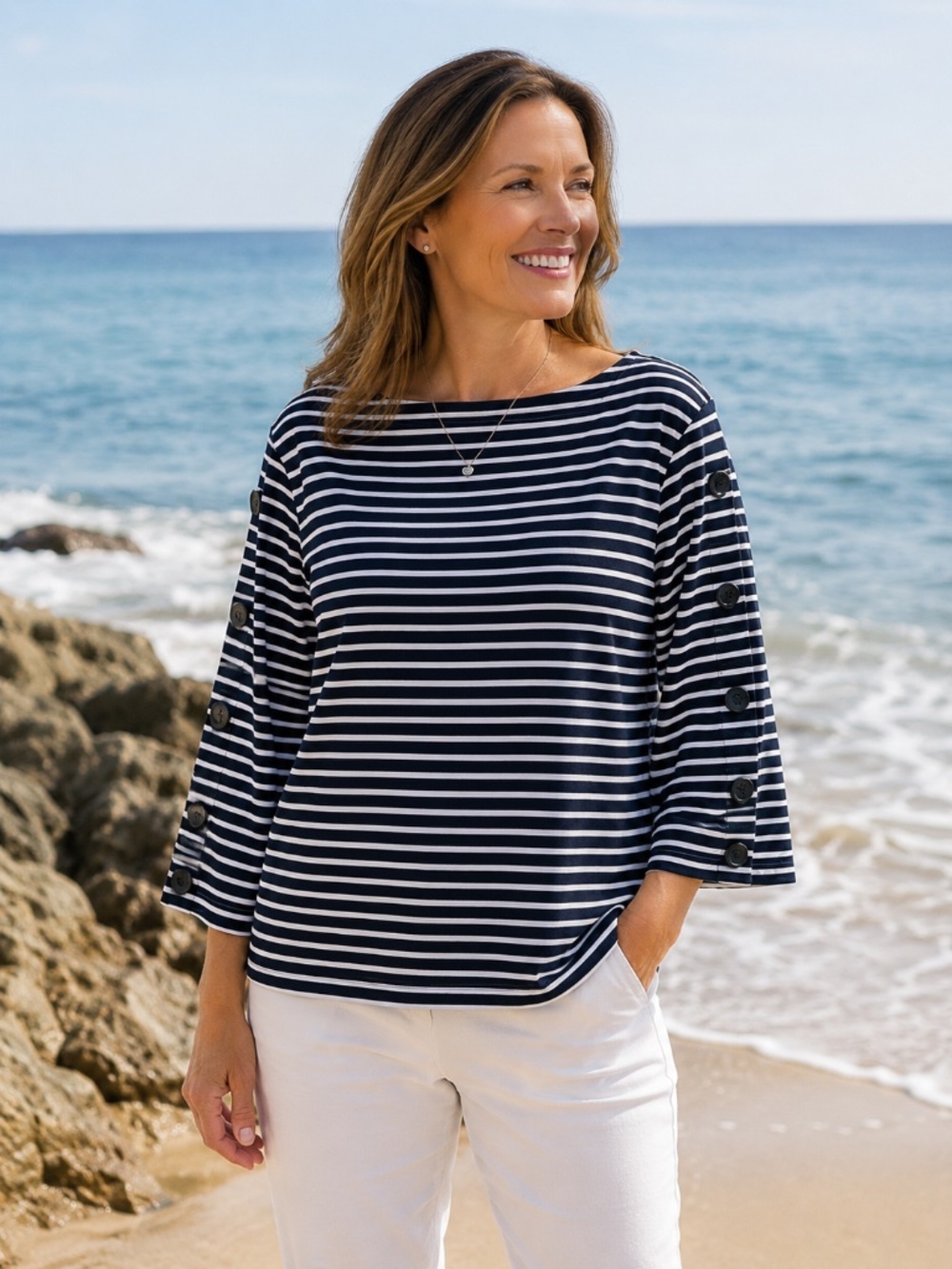 Banana Republic Navy Blue and White Striped Breton Style Top